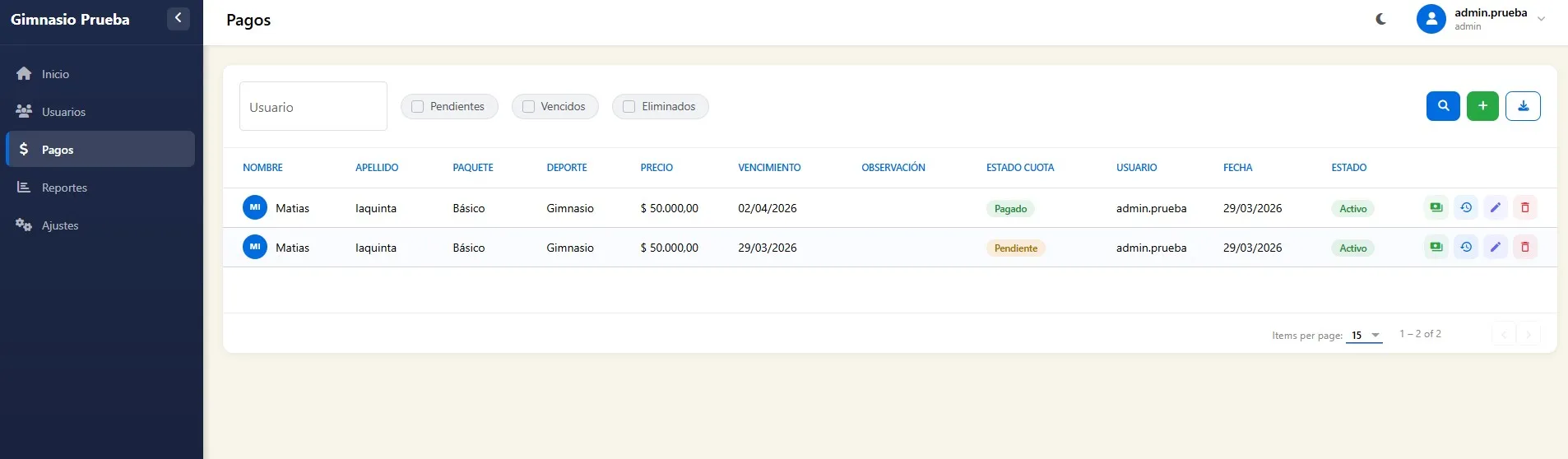 Dashboard Club Deporte